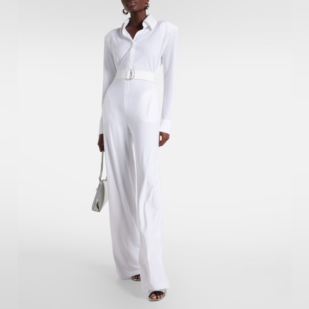 Norma Kamali 🤍 White Jumpsuit Collared Neck. Belted Flowy Resort Wear. Soft Chic